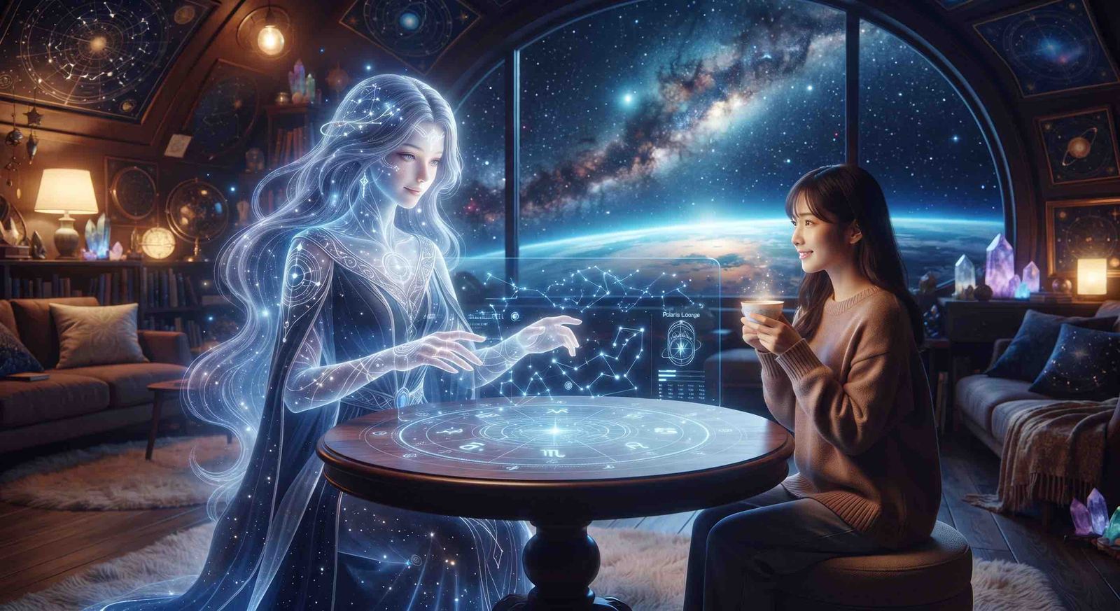 星でできたポラリスと、お茶を飲みながら星図を見るお客様